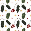 Christmas seamless pattern with holly leaves and berries on white background. Drawing markers