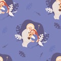 Christmas seamless pattern. Holy family, birth of Jesus Christ. Virgin Mary, Joseph and divine child on blue background Royalty Free Stock Photo