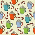 Christmas seamless pattern with hot chocolate mugs and candy can Royalty Free Stock Photo