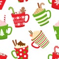 Christmas seamless pattern with hot cocoa, cartoon mugs with holiday drinks. Vector