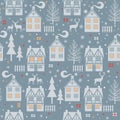 Christmas seamless pattern with houses, trees, deer and boxes. Vector illustration.