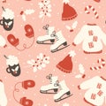 christmas seamless pattern with ice skating boots, gloves, winter sweather, candy cand, mistletoe, snowflakes