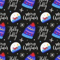 Christmas seamless pattern, illustration with glass balls, lettering phrases, holly jolly and merry christmas wish