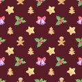 Christmas seamless pattern with the image of a holly branch, bells, gingerbreads in the shape of a star, spruce, man..