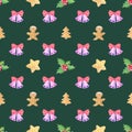 Christmas seamless pattern with the image of a holly branch, bells, gingerbreads in the shape of a star, spruce, little men.