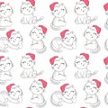 Christmas seamless pattern with the image of little cute kittens in the hat of Santa Claus. Royalty Free Stock Photo