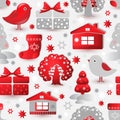 Christmas seamless pattern. Include tree, house, bird, gift. Royalty Free Stock Photo