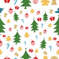 Christmas seamless pattern isolated over white hand draw elements, xmas pine tree doodle.Tree, gifts, decorations, holly, bell, co Royalty Free Stock Photo