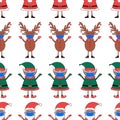 Christmas seamless pattern made from Santa Claus, Elf and Deer characters in medical masks on white background Royalty Free Stock Photo