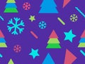 Christmas seamless pattern in memphis style of 80s. Snowflakes and fir-trees. Promotional products, wrapping paper and printing Royalty Free Stock Photo