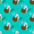 Christmas seamless pattern with milk, cookie and branch of Christmas tree