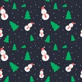 Christmas seamless pattern, new year dark color background. Christmas tree, snowman, snowfall. Vector illustration. Royalty Free Stock Photo