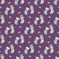 Christmas seamless pattern. New Year pattern with Christmas socks and gifts on a purple background. For festive design Royalty Free Stock Photo