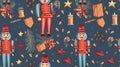 Christmas seamless pattern with nutcracker, gift and candle. Vector holiday ornament pattern. New year illustration. Royalty Free Stock Photo