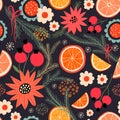 Christmas seamless pattern with orange slices and seasonal plants Royalty Free Stock Photo