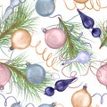 Christmas seamless pattern with Christmas ornaments, tree digital illustration isolated on white. Holiday symbol