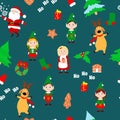 Christmas trees, Santa Claus, Mrs Santa Claus, deer, elf, wreath, gingerbread cookies on a dark blue-green background. Royalty Free Stock Photo