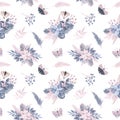 Christmas seamless pattern of pastel Christmas florals, winter plants and moths