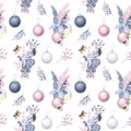 Christmas seamless pattern of pastel Christmas florals, winter plants and moths