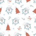 Christmas seamless pattern with penguin background, Winter pattern with snowman, wrapping paper, pattern fills, winter greeting