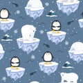 Christmas Seamless Pattern With Penguin On Ice Floe Background, Winter Pattern With Polar Bear, Wrapping Paper