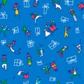 Christmas seamless pattern with people with gifts and christmas