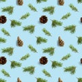 Seamless christmas pattern from Pine cones and pine twig on blue background. modern pine cone pattern. Print for paper, fabric,