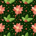 Christmas seamless pattern with poinsettia flowers and holly leaves. Royalty Free Stock Photo