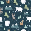 Christmas seamless pattern with polar bear background, Winter pattern with deer and fox, wrapping paper, pattern fills