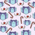 Christmas seamless pattern with presents, candy canes and Santa