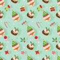 Christmas seamless pattern with pudding, cupcake, taffy, candy cane, socks, gift, etcÃ¢â¬Â¦ on shadow background.