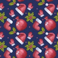 Christmas seamless pattern, red mitten bag hat sock. Holly red berries. Santa Claus clothes. Happy New Year! Hand drawn Royalty Free Stock Photo