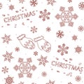 A Christmas seamless pattern with red outline mittens, snowflakes and the word Christmas for printing on fabric and paper Royalty Free Stock Photo