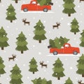Christmas seamless pattern with red pickup truck with Christmas tree in pine tree forest. Winter print with hand drawn Royalty Free Stock Photo