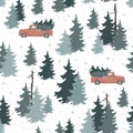 Christmas seamless pattern with red pickup truck with Christmas tree in pine tree forest. Winter print with hand drawn Royalty Free Stock Photo