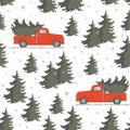 Christmas seamless pattern with red pickup truck with Christmas tree in pine tree forest. Winter print with hand drawn Royalty Free Stock Photo