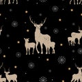 Christmas seamless pattern with reindeer, star and snowflakes on black background,Vector repeat Winter night with deers family and Royalty Free Stock Photo