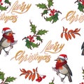 Christmas seamless pattern. Robin bird in a red christmas hat and skarf. Holly leaves and berries. Handwritten sign