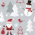 Christmas seamless pattern with Santa Claus, snowman, birds and christmas tree