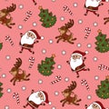 Christmas seamless pattern with Santa Claus, christmas tree, deer, candy cane and snowflakes on the pink background. Stock vector Royalty Free Stock Photo
