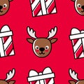 Christmas seamless pattern with Santa deer and striped gift boxes on a red background. Cartoon style. Vibrant colors.
