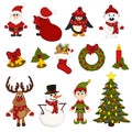 Christmas seamless pattern with Santa, penguin, deer, bear, snowman, elf