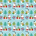 Christmas seamless pattern with santa, snowman, penguinhouse and gifts on sleigh Royalty Free Stock Photo