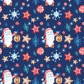 Christmas seamless pattern with scandinavian gnome in red clothes and with snowflkes ornament on blue Royalty Free Stock Photo