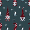 Christmas seamless pattern with scandinawian gnomes, pine trees and snowflakes on grey background Royalty Free Stock Photo