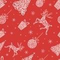 Christmas seamless pattern. Set of Christmas trees, Christmas balls, deer and gift. Image in white and red color. Packaging. Royalty Free Stock Photo