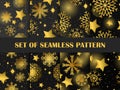 Christmas seamless pattern set. Golden stars and snowflakes on black background. Bokeh effect. Promotional products, wrapping