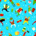 Christmas seamless pattern with shopping people. Winter background with gifts and cheerful men and women