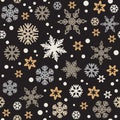 Christmas seamless pattern with silver and gold snowflakes isolated on black background. Vector. Royalty Free Stock Photo