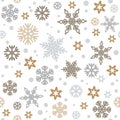 Christmas seamless pattern with silver and gold snowflakes isolated on white background. Vector. Royalty Free Stock Photo